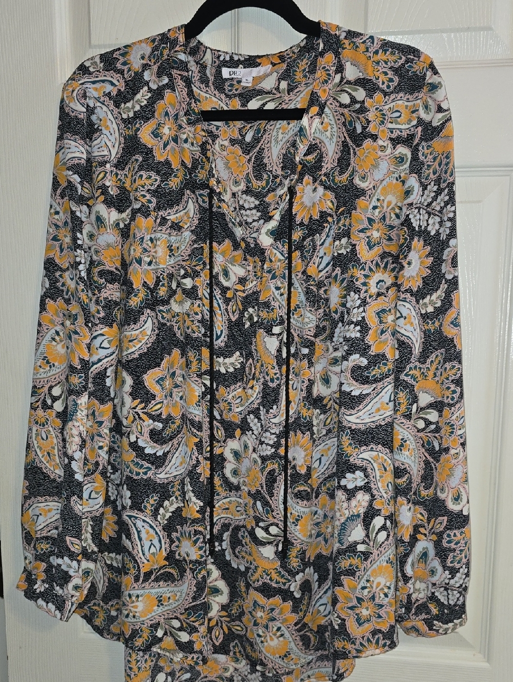 DR2 Black,‎ Mustard & Cream Paisley Tie-Front Blouse